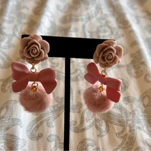 Pink flower bow and ball post dangling earrings